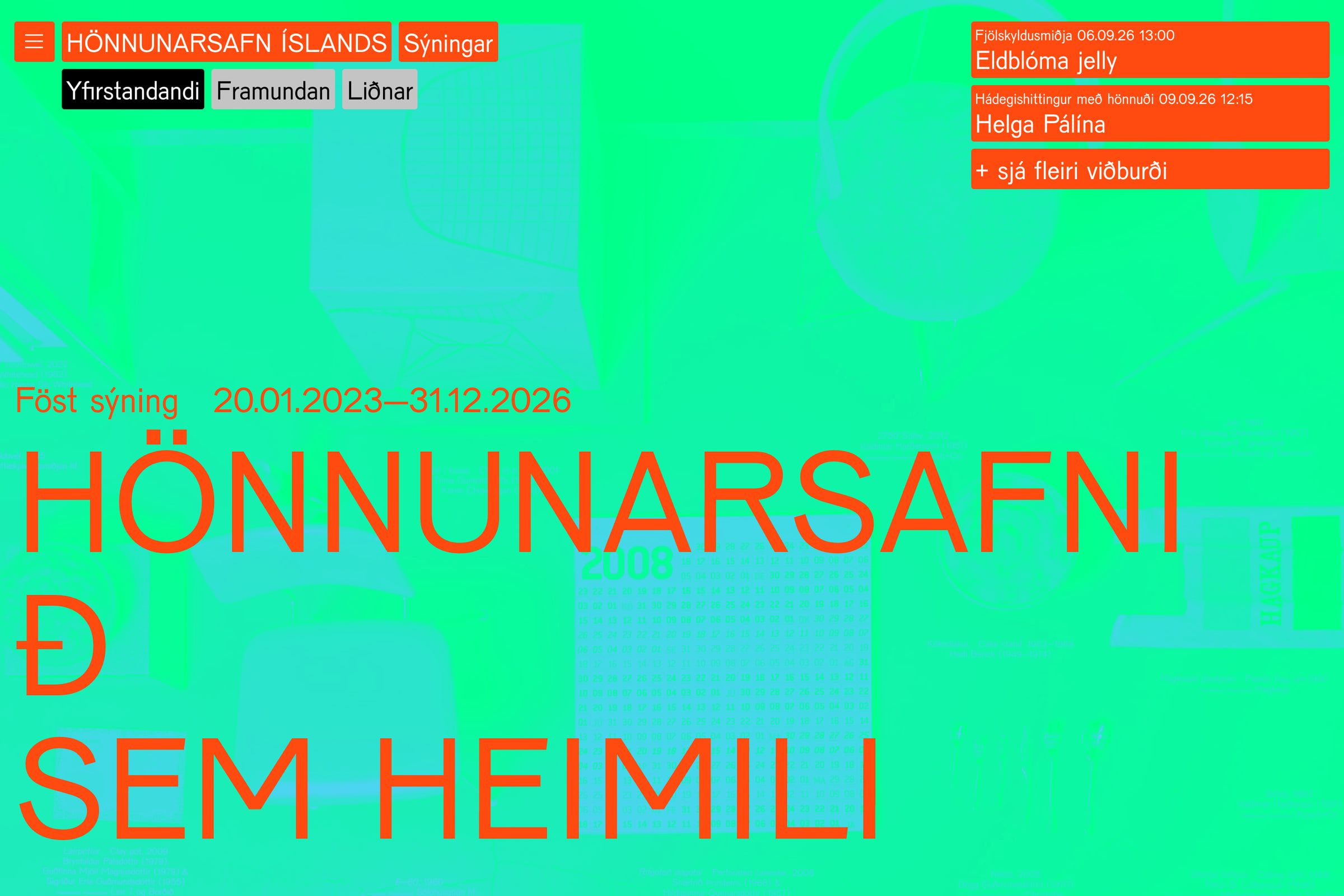 The same exhibition page with the treatment applied: the photograph rendered in green and blue only, the exhibition title over it.