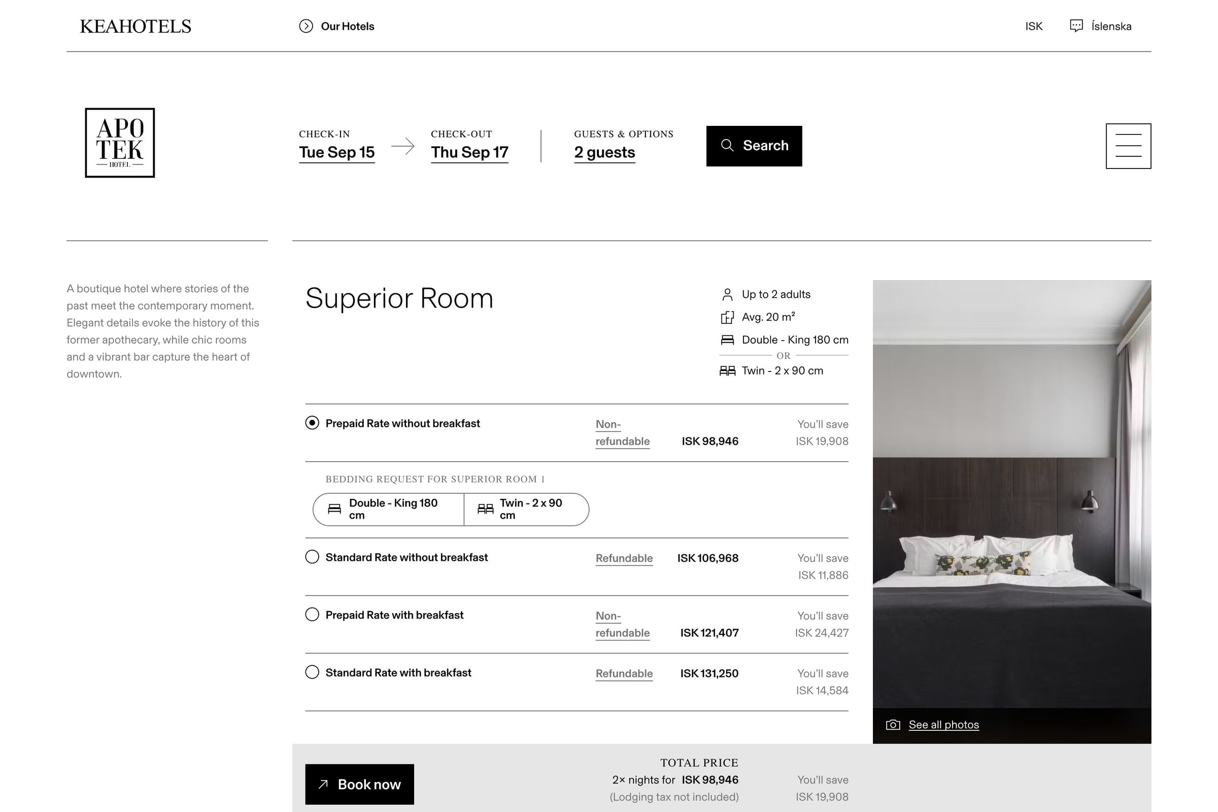 The room results step of the booking flow at another of the group's hotels: a room with four rates listed, a bedding choice, a photograph of the room, and a total-price bar with a Book now button.