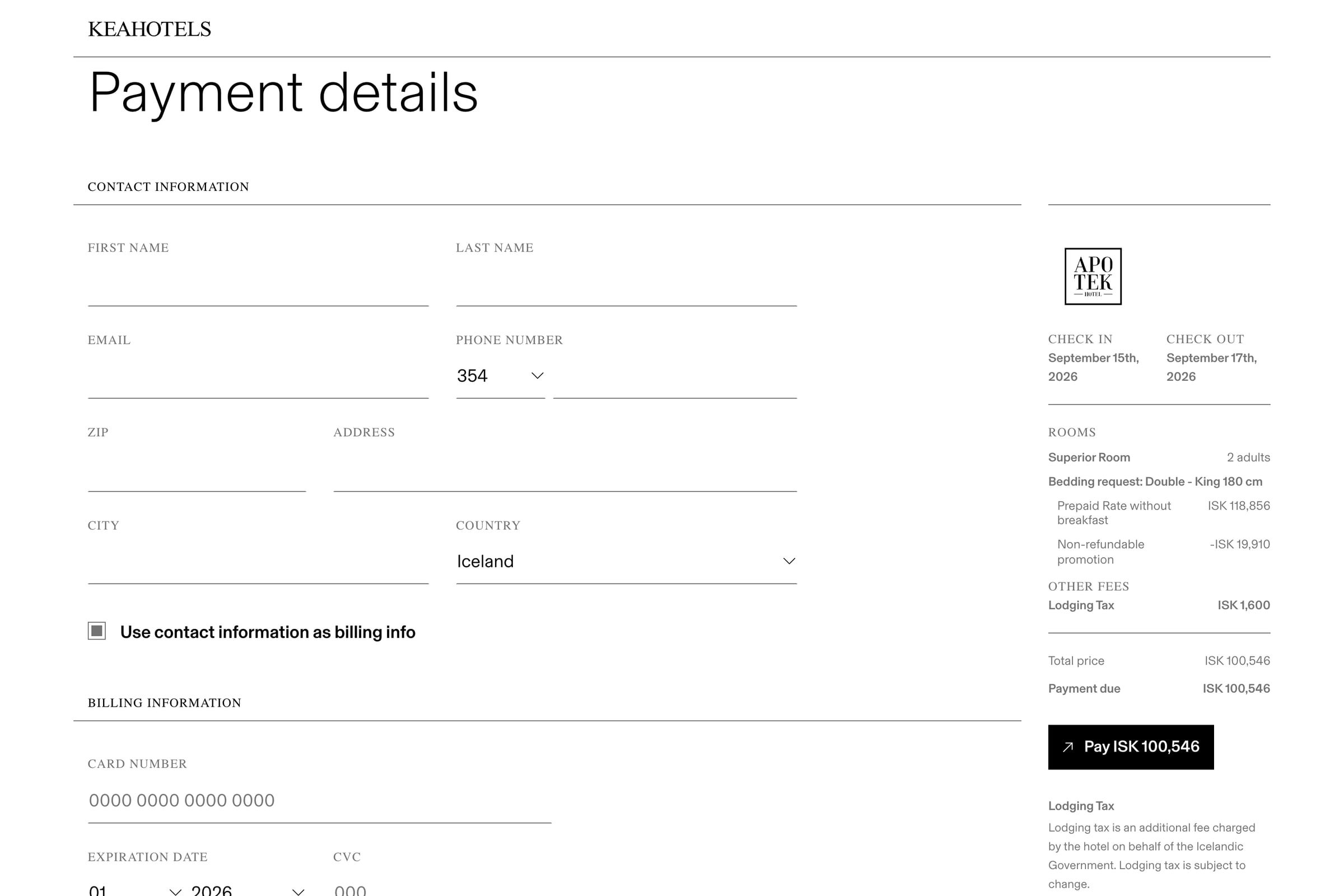 The payment step of the booking flow: empty contact, billing and card fields, with the stay summarised in a column alongside.