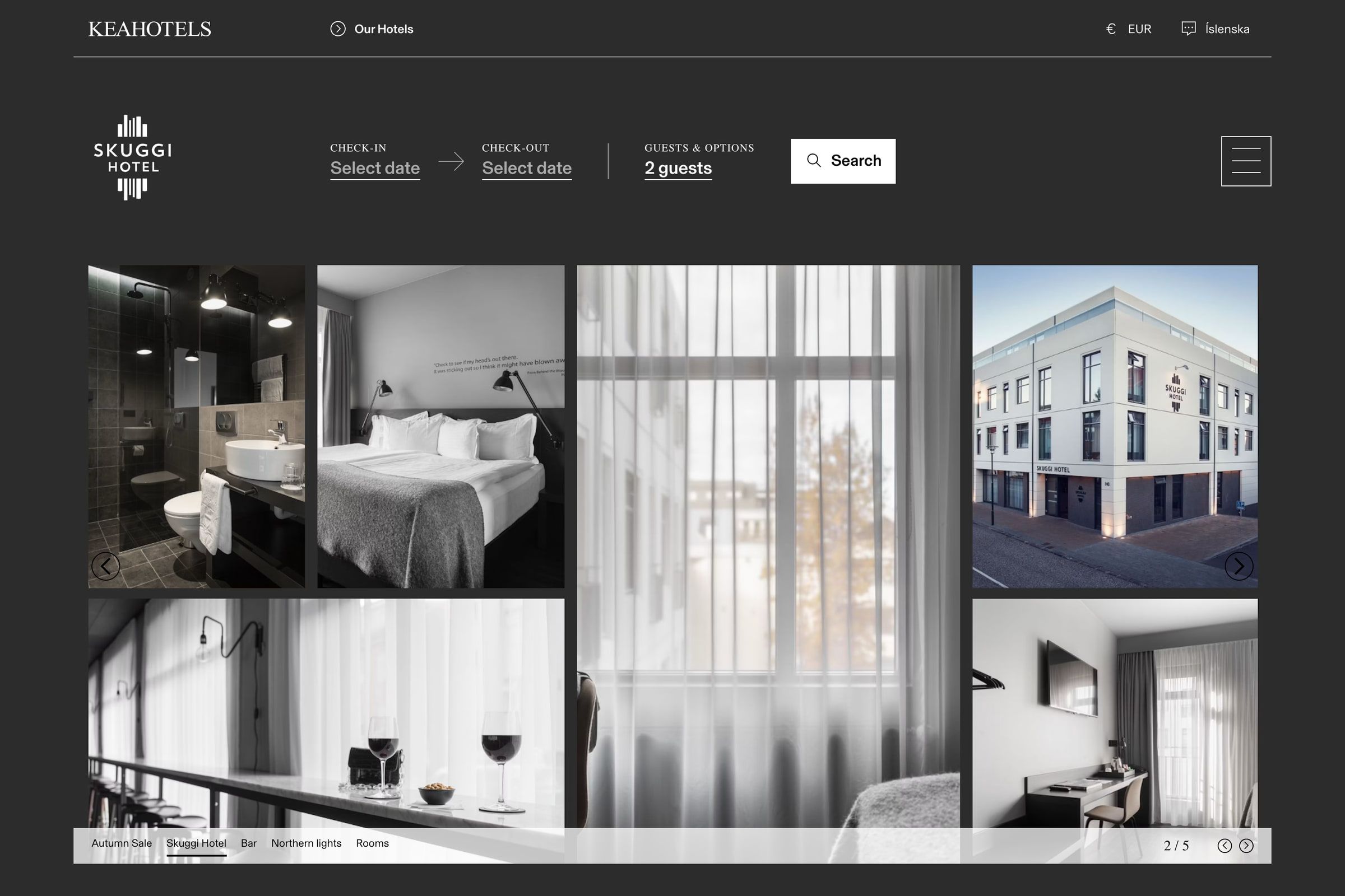 A hotel page on the production site, in that hotel's dark palette: the hotel's logo, the booking bar with check-in, check-out and guests, and a mosaic of six photographs of the hotel.