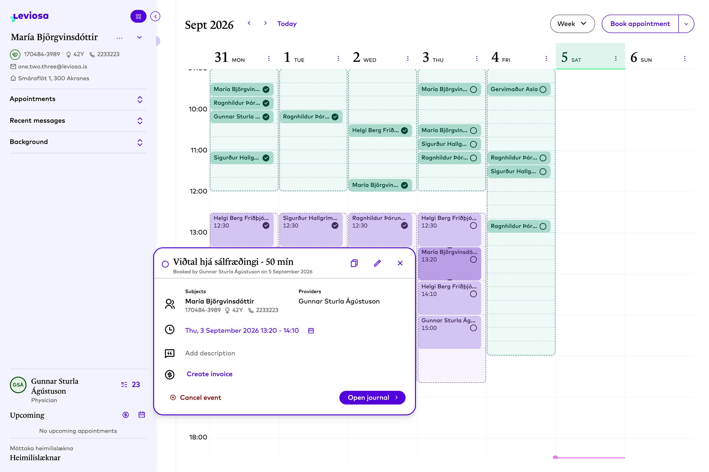 The clinic portal's week calendar: a provider's week of booked appointments, past ones ticked, with one appointment opened in a popover showing subject, provider, time and actions.
