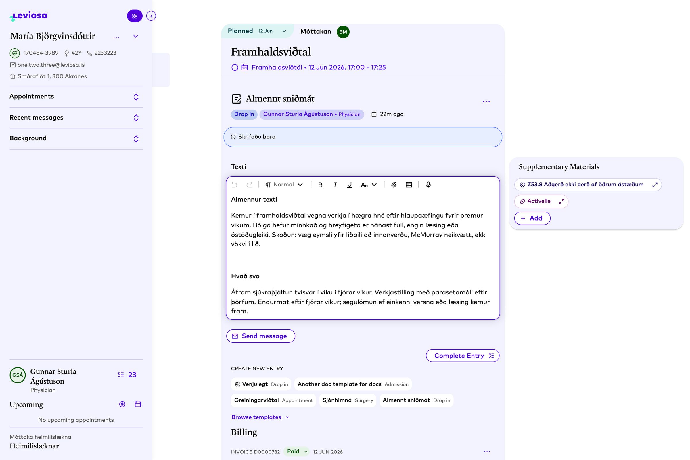 The clinic portal's journal view: a follow-up entry composed from the general template, its two prompts in bold with a short clinical note under each in the rich-text editor, a row of template chips beneath, and a supplementary-materials panel with a diagnosis code.