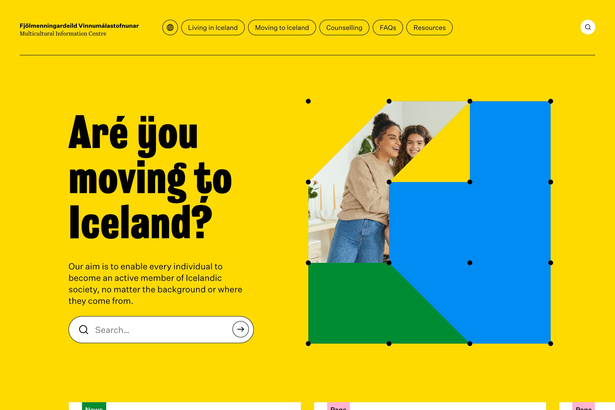 The Multicultural Information Centre's homepage: a yellow page with the heading 'Are you moving to Iceland?', a search field and a row of navigation buttons.