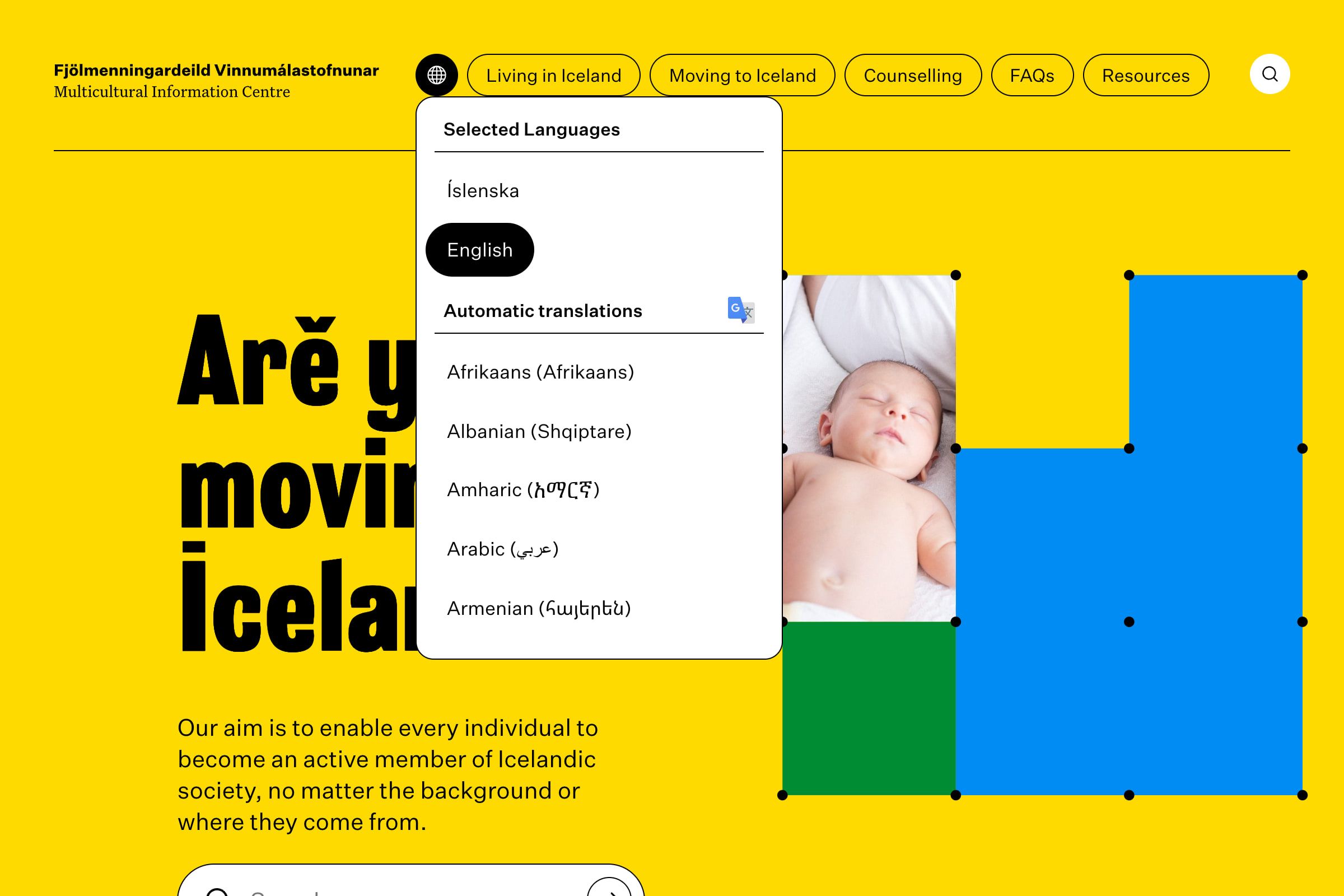 The language menu open on the homepage. Under 'Selected Languages' are Íslenska and English; under 'Automatic translations' an alphabetical list of languages begins, each in its own script.